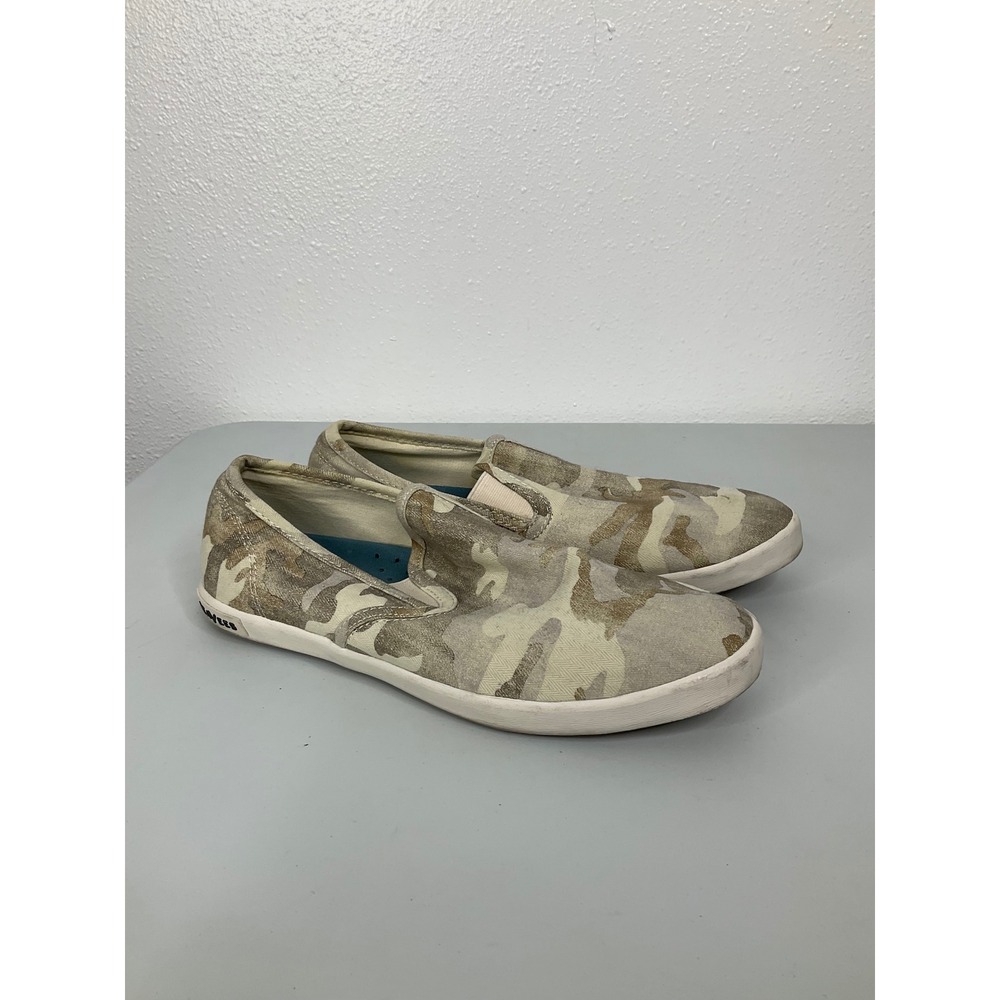 SeaVees Baja Slip On Saltwash Herringbone Twill Camo Sneakers Womens 9 Tan Cream